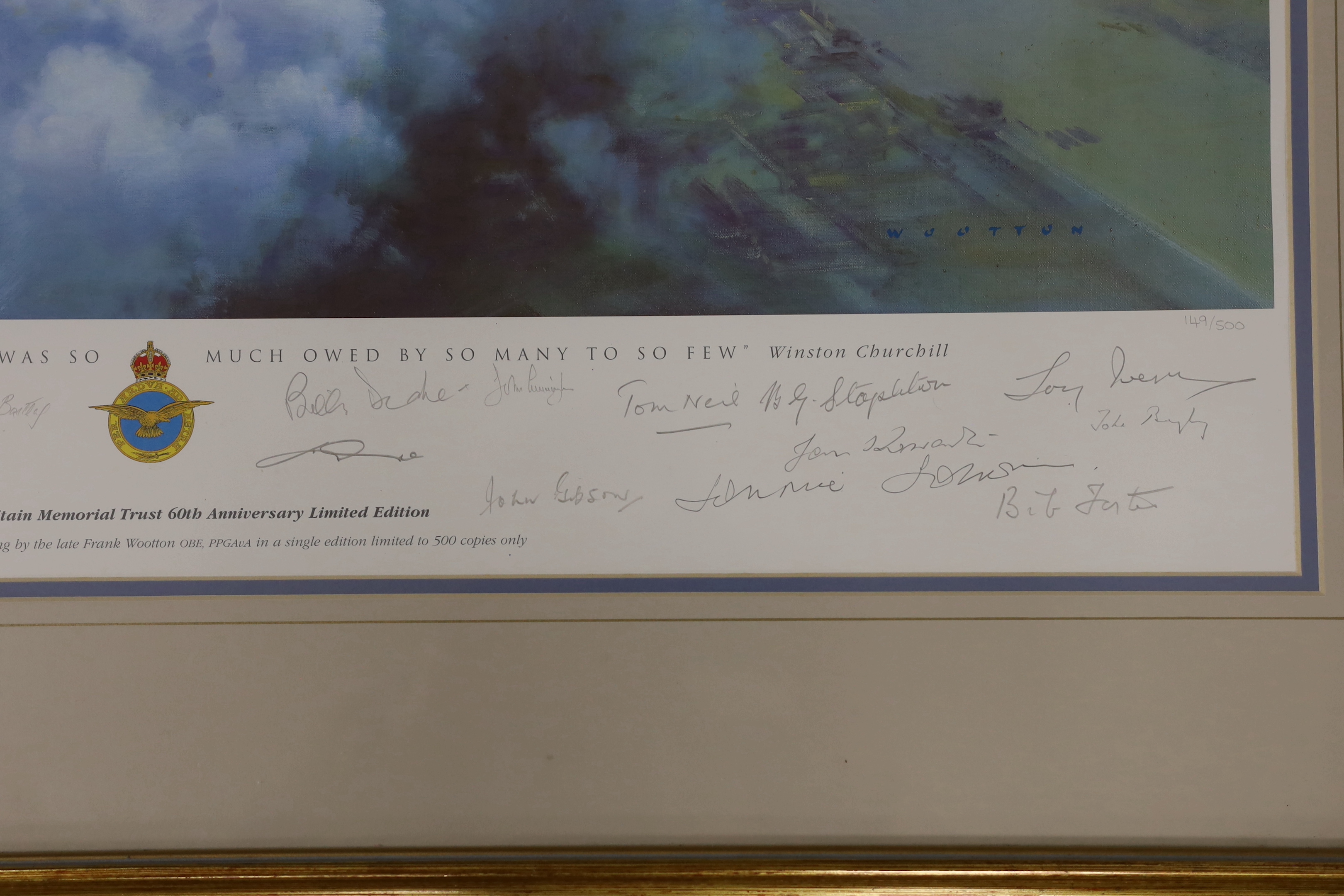 Frank Wootton (1911-1998), colour print, The Battle of Britain Memorial Trust 60th Anniversary, signed in pencil by fighter pilots including Tony Bartley and John Beazley, limited edition 149/500, 47 x 68cm, with COA